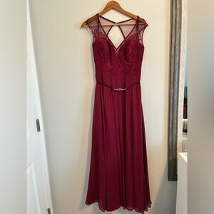 Hayley Paige Occasions Burgundy Lace Maxi Dress